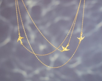 FLYING BIRDS ketting in sterling zilver, goud gevuld of rosé goud • gelaagde ketting • beweging ketting • drie vogels ketting