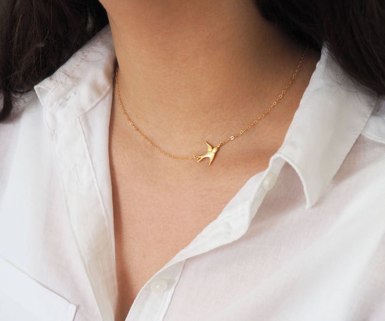 SIDEWAYS BIRD Necklace in Sterling Silver, Gold or Rose Gold Delicate Bird Necklace Birds Lover Gift image 5