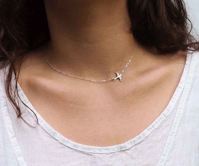 SIDEWAYS BIRD Necklace in Sterling Silver, Gold or Rose Gold Delicate Bird Necklace Birds Lover Gift image 1