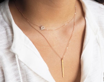 SIDEWAYS LOTUS and BAR, Set of 2 Necklaces in Sterling Silver, Gold or Rose Gold • Lotus Necklace • Hammered Bar Necklace • Layered Set Gift