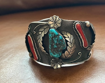 9*1様 ナバホ  Benally コーラル トップ STERLIN Benny Benally Vintage Sterling Silver Turquoise Coral Chip Cuff