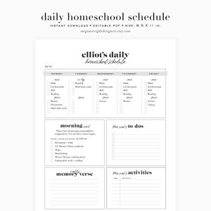 Homeschool schedule printable, Editable Homeschool Checklist, Printable Daily Schedule, Homeschool Daily Routine Template, Planner PDF