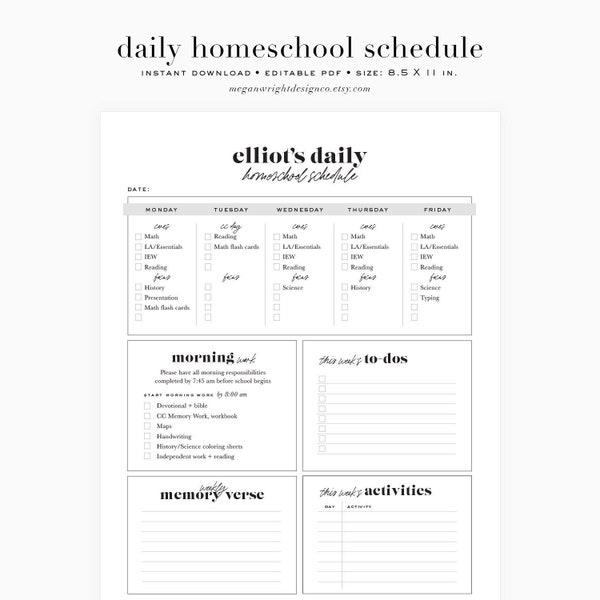 Homeschool schedule printable, Editable Homeschool Checklist, Printable Daily Schedule, Homeschool Daily Routine Template, Planner PDF