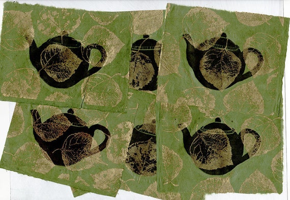 Linocut Print, Original Lino Cut, black Teapot With Gold Leaves
