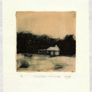 Tanunda Cottage, Hand coloured Monotype print, Original, Cabin, Barossa Valley South Australia landscape countryside farm print