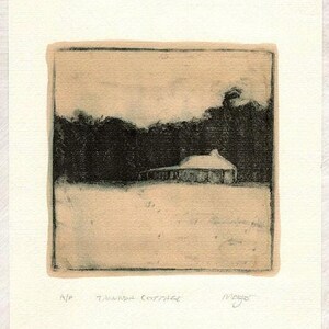 Tanunda Cottage 2, Hand coloured Monotype print, Original, Cabin, Barossa Valley South Australia landscape countryside farm print