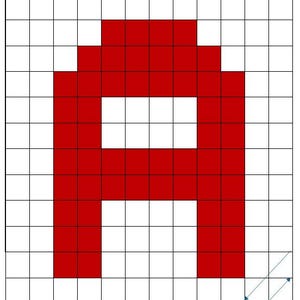Könnte beinhalten: Ein roter Pixel-Art-Buchstabe A auf einem weißen Gitterhintergrund.