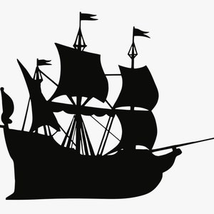Peut inclure: Silhouette noire d'un grand navire avec plusieurs voiles et une lanterne sur la proue.