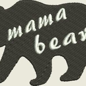 May include: Black silhouette of a bear with the text "mama bear" in white lettering.