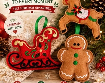 May include: Three felt Christmas ornaments featuring a red sleigh with gold embroidery, a tan reindeer with a white saddle and green accents, and a tan gingerbread person with green buttons and white icing details, all hanging from green ribbons.