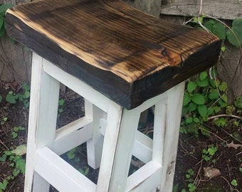 RUSTIC FARMHOUSE BAR Stool Farm House Country Kitchen White Dark Walnut Primitive Bench Contour Seat 11-1/2 dx16.5 w Custom Sizes Colors
