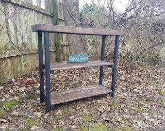 Rustic SOFA Hall Console Reclaimed Wood Table Book Shelf Bookshelf Kettle Black Dark WALNUT Bookcase 14x42x36h Shelves Custom Sizes Colors