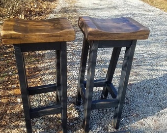 FARMHOUSE BAR STOOLS Lot Of Two Rustic Farm House Kitchen Tall Short Reclaimed Wood Stool Contour Seat Custom Sizes Colors Many Menu Options
