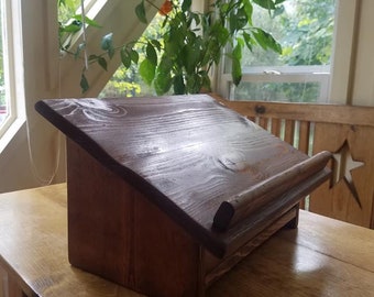 RUSTIC BOOK STAND Bookstand Kindle Tablet Cookbook Cook Book Holder Art Display Reading Materials Prints Bible Altar With Shelf Storage