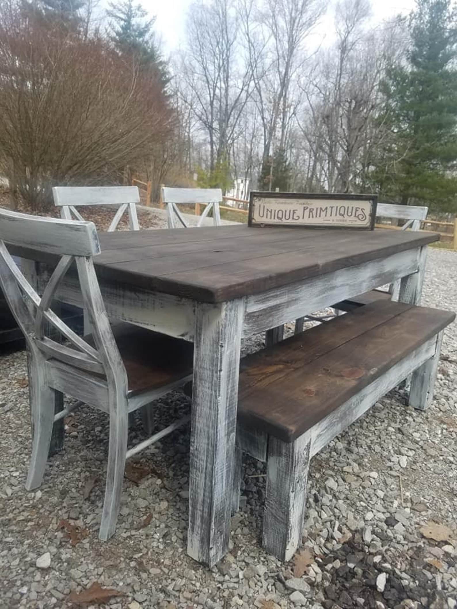 Rustic FARMHOUSE TABLE 6-piece SET Wood Farm House Kitchen Dining ...