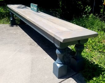 RUSTIC FARMHOUSE BENCH New England Farm House Wood Extra Large Long Kitchen Turned Legs Reclaimed Weathered Gray Cobalt Custom Sizes Colors