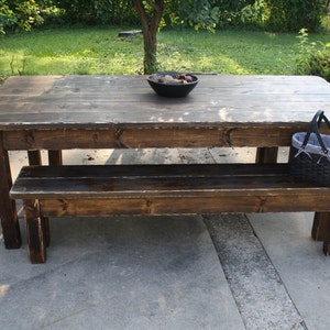 RUSTIC FARMHOUSE TABLE Farm House Kitchen Reclaimed Wood Dark Walnut Distressed Table W/Two Matching Benches Custom Sizes Colors Unique