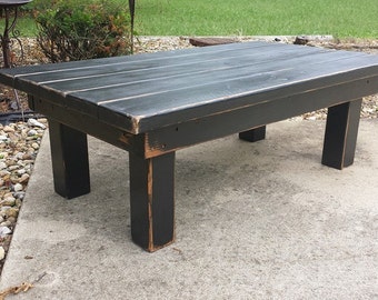 FARMHOUSE COFFEE TABLE Rustic Farm House Distressed Kettle Black Reclaimed Wood Plank Top Country Living Custom Sizes Colors