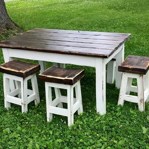 FARMHOUSE TABLE SET Rustic Kitchen Reclaimed Wood Dark Walnut Antique Country White Farm Table One Matching Bench & Three Stools 40x60x31&quot;h