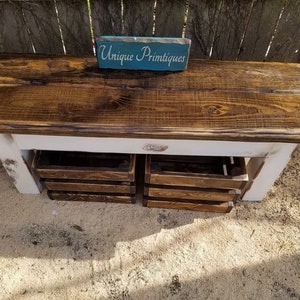 RUSTIC FARMHOUSE BENCH & Two Wood Crates Lot Dark Walnut Country White ...