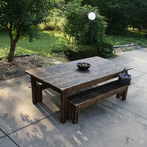 10-Foot Dark Walnut Stained & Distressed Primitive FARMHOUSE Country CABIN Kitchen Table W/Two Matching Benches Custom Sizes Colors Avail