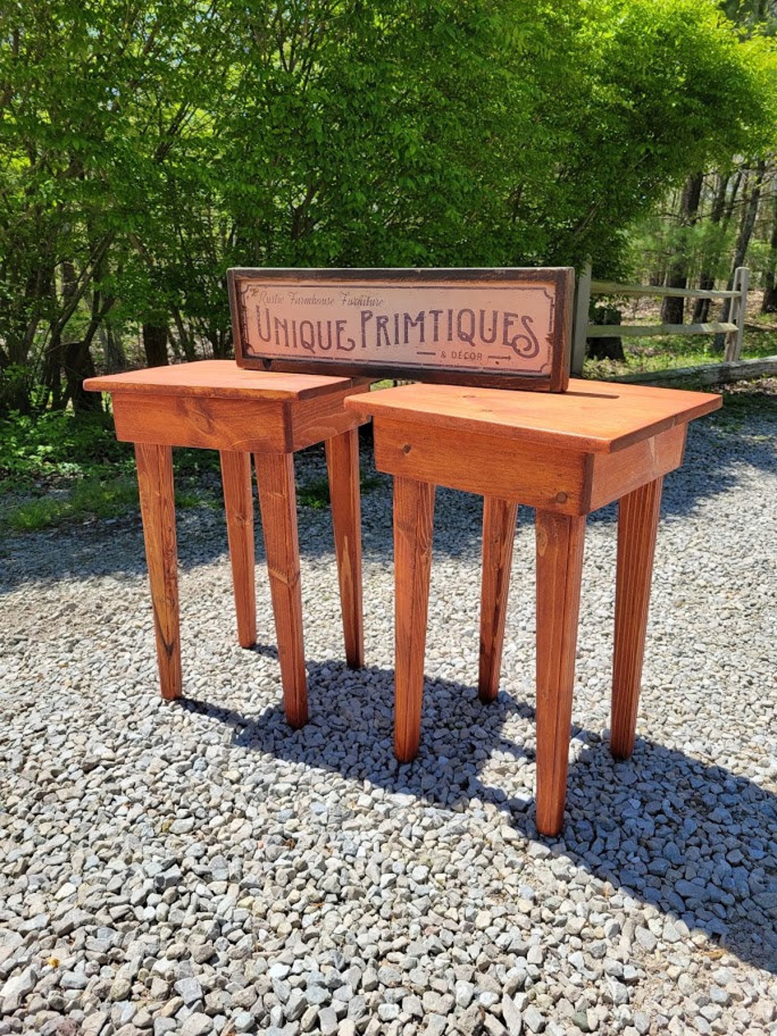 ACCENT TABLES Pair of TWO Wood Gunstock Stained End Corner Entry Table ...