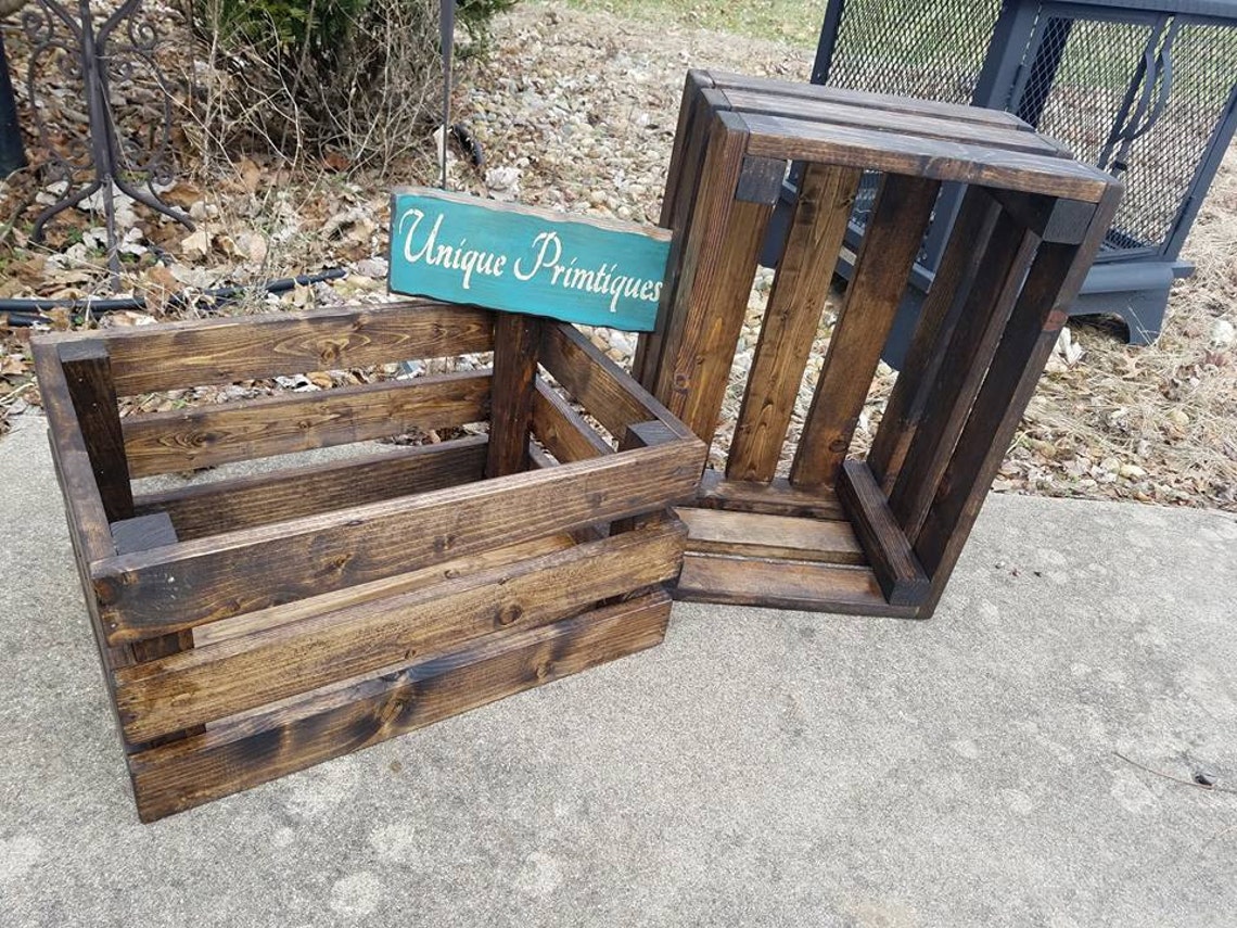 Rustic Large WOOD CRATE Lot of TWO Dark Walnut Stain Crates Wall Shelf ...