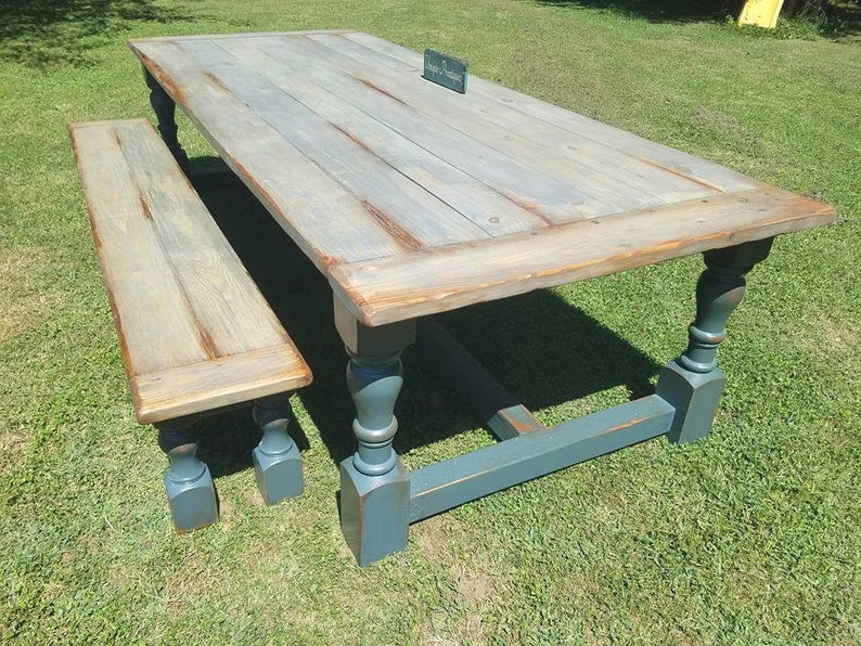 New England Farmhouse Rustic TABLE & Bench Set Breadboard Ends Massive ...