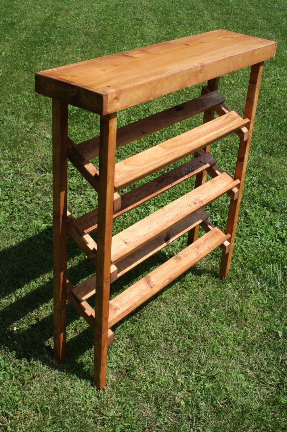 Rustic American Walnut Stained SHOE RACK Tier Shelf Angled