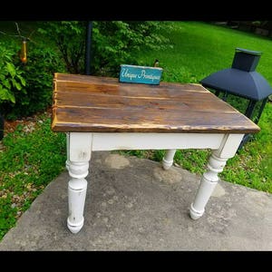 Rustic Turned Leg Reclaimed Wood Farm House Kitchen Table Distressed Dark Walnut Stain Country White Cabin Chunky Legs Custom Sizes Colors