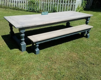 New England Farmhouse Rustic TABLE & Bench Set Breadboard Ends Massive Turned Legs Reclaimed Wood Weathered Gray Cobalt Custom Sizes Colors
