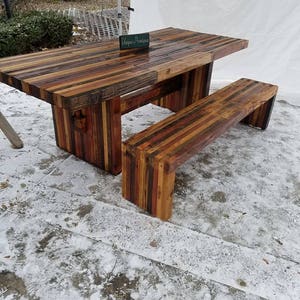 WOOD ART Reclaimed Pallets Salvaged Woods Dining Kitchen Modern Farmhouse Table W Matching Bench Custom Sizes Colors Oak Walnut Chestnut