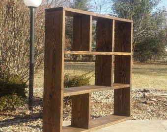 Unique Primtiques 11-1/4dx56wx56h LARGE Square Bookcase TV Entertainment Center Dark Walnut Stain Reclaimed Rustic Wood Bookshelf Wall Unit