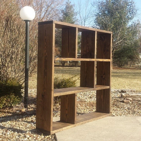 Unique Primtiques 11-1/4dx56wx56h LARGE Square Bookcase TV Entertainment Center Dark Walnut Stain Reclaimed Rustic Wood Bookshelf Wall Unit