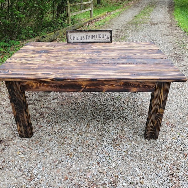 FARMHOUSE TABLE Fire Burned TORCHED Art Scorched Wood Kitchen Indoor Outdoor Dining Table Custom Sizes Colors Unique Primtiques