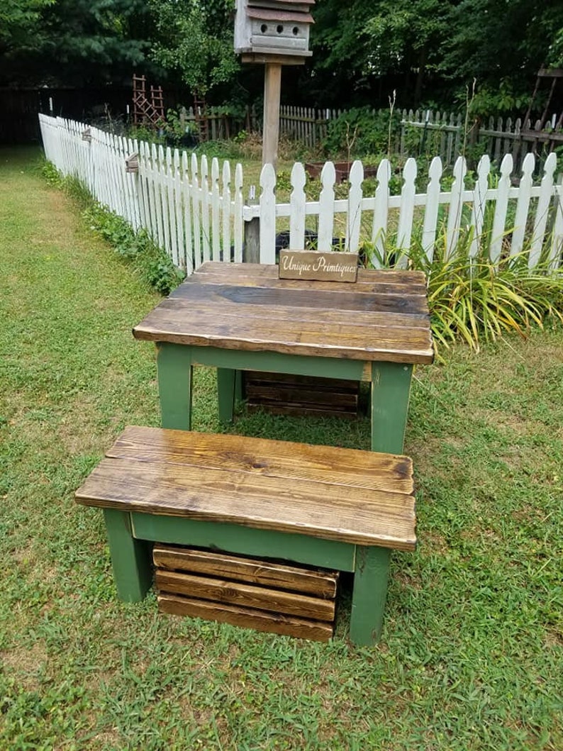 RUSTIC FARMHOUSE TABLE & Two Benches 3-Piece Set Bench Distressed Reclaimed Wood Kitchen Island Small Dining Custom Sizes Colors Unique image 6