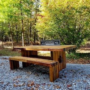 WOOD ART Modern TABLE Reclaimed Pallets Salvaged Woods Dining Kitchen Farmhouse W Matching Bench Custom Sizes Colors Oak Walnut Chestnut