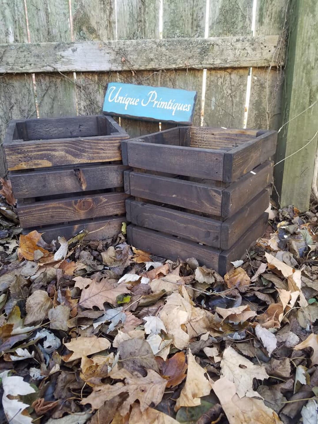 Two RUSTIC FARMHOUSE CRATES Reclaimed Salvaged Wood Dark Walnut Wall ...
