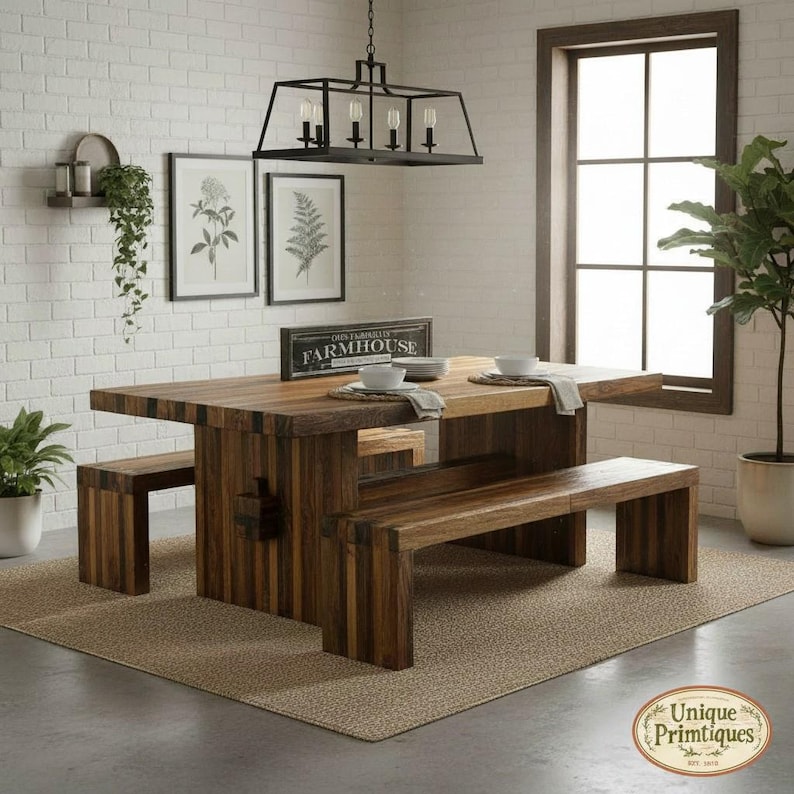 May include: A rectangular wooden dining table with two matching benches, featuring a dark brown finish and vertical grain patterns. A black metal rectangular chandelier hangs above the table, which is set with white bowls and napkins.