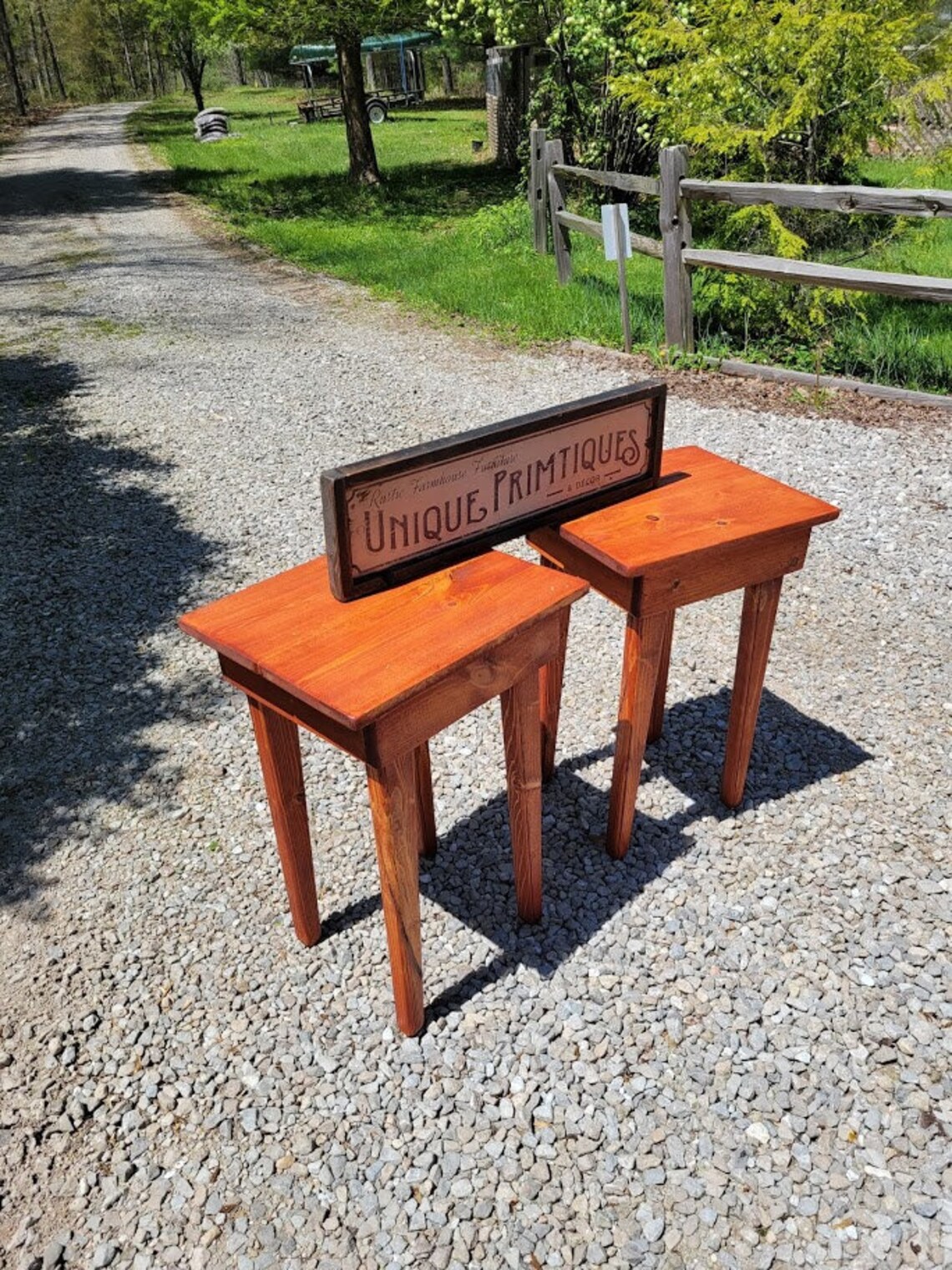 ACCENT TABLES Pair of TWO Wood Gunstock Stained End Corner Entry Table ...