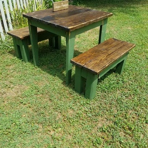 RUSTIC FARMHOUSE TABLE & Two Benches 3-Piece Set Bench Distressed Reclaimed Wood Kitchen Island Small Dining Custom Sizes Colors Unique image 1