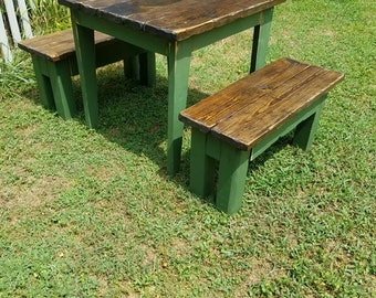 RUSTIC FARMHOUSE TABLE & Two Benches 3-Piece Set Bench Distressed Reclaimed Wood Kitchen Island Small Dining Custom Sizes Colors Unique