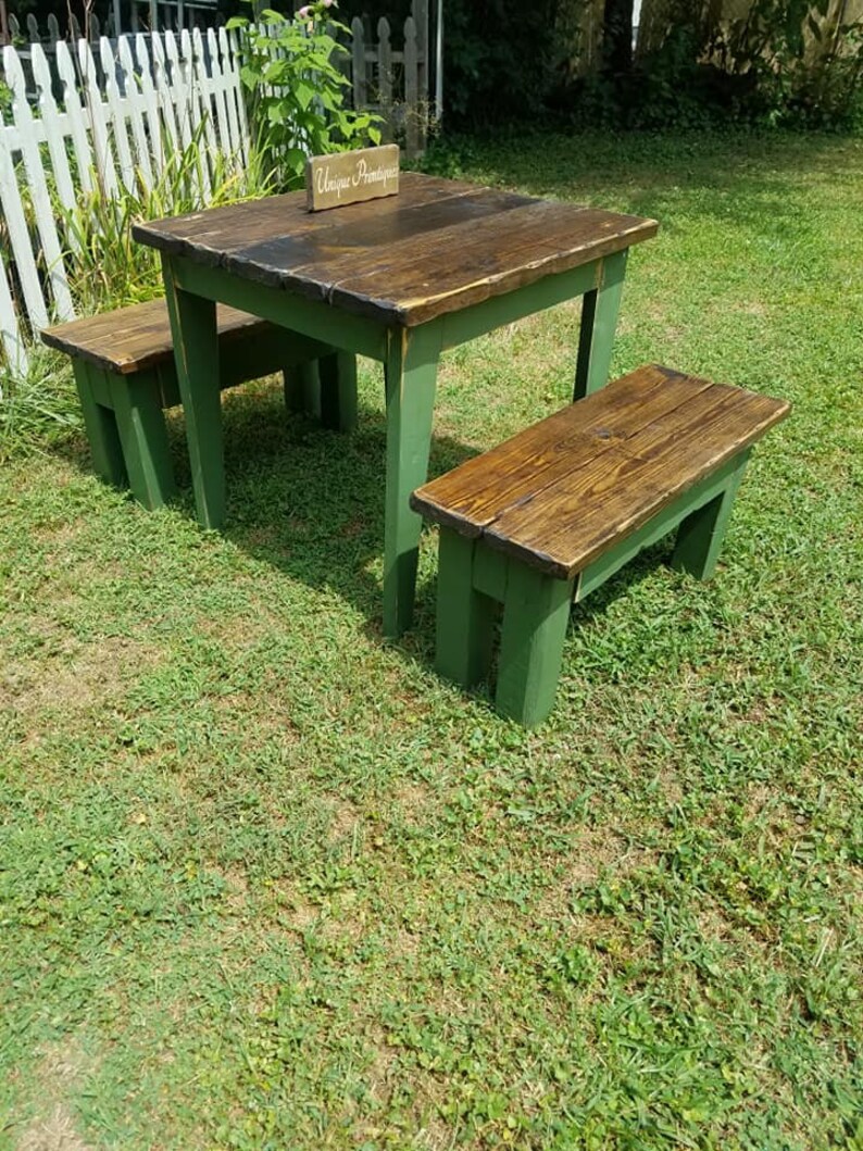 RUSTIC FARMHOUSE TABLE & Two Benches 3-Piece Set Bench Distressed Reclaimed Wood Kitchen Island Small Dining Custom Sizes Colors Unique image 1