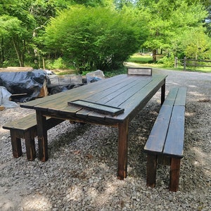 Massive FARMHOUSE TABLE SET Farm House Kitchen Dining Indoor Outdoor Country Lodge Cabin W/ Four Matching Benches Large Custom Sizes Colors