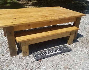 FARMHOUSE TABLE & Bench SET Rustic Farm House Table Primitive Country Cabin Kitchen Dining W/Matching Bench Custom Sizes Colors Unique