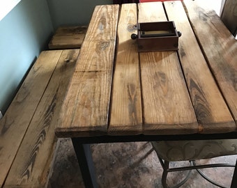 RUSTIC FARMHOUSE TABLE Farm House Kitchen Distressed Kitchen Table Island & Two Benches Bench Custom Sizes Colors Rustic Cabin Furniture