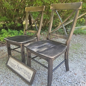 TWO Beautiful Rustic Wood Malaysian Oak CHAIRS Custom Colors Welcome Solid Wood X-Back Style Kitchen Dining Room Dark Walnut White Paint