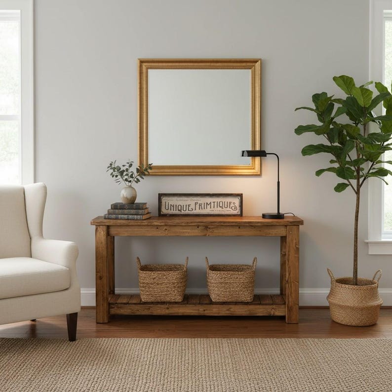 May include: A rectangular wooden console table with a lower shelf, featuring two woven baskets underneath. On top sits a black desk lamp, a small vase with greenery, and a rectangular sign with the text UNIQUE PRIMTIQUES in black lettering.