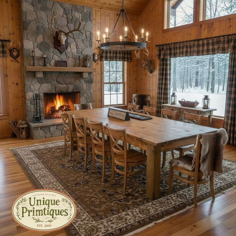 May include: A rustic dining room featuring a long wooden table surrounded by wooden chairs, set on a large patterned rug. A stone fireplace with a burning fire and a deer mount sits to the left, under a large iron chandelier with ten lights.