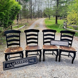 FOUR Rustic Ladder Back Chairs Wood Malaysian Oak CHAIRS Solid Wood Kitchen Dining Room Seat Seating Dark Walnut Black Custom Colors Welcome